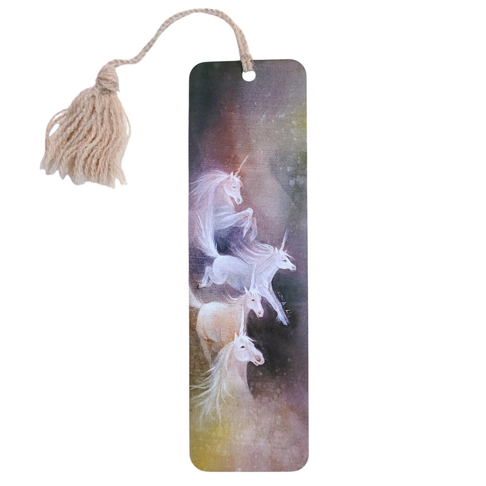Vintage 80s Unicorn Dream Bookmark Lena Liu art, 1980s yarn tassel Artworks LL13